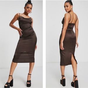 Parisian satin cami cowl neck midi dress chocolate brown 8